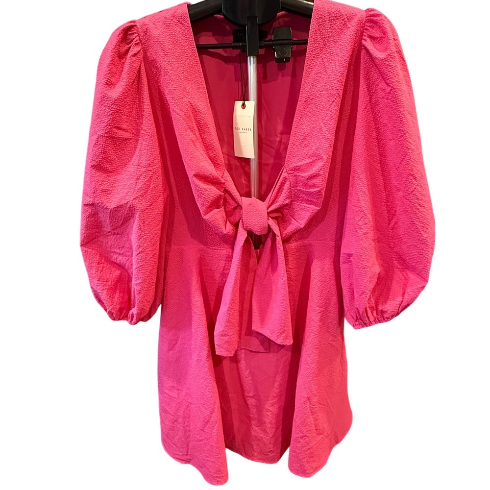 Ted Baker Jozelyn Bright Pink Seersucker Tie Front Mini Dress Puff Sleeve New 12
